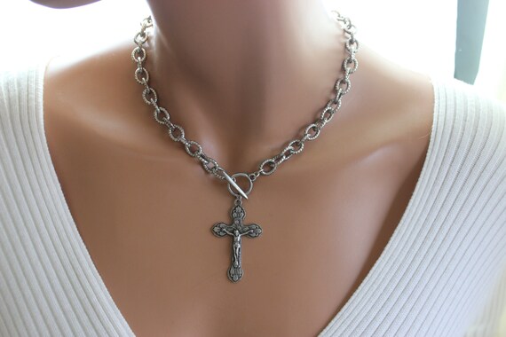 Antique Gold Crucifix Choker Necklace Women Men Large Crucifix Cross Pendant Necklaces Thick Steel Chain Large Link Catholic Jewelry Gift