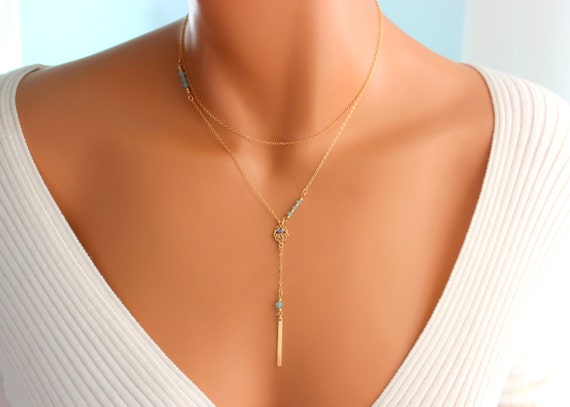 Hamsa Multi Strand Necklace Gold Filled Lariat Necklace Long Layered Mint Swarovski Crystal Hand of Fatima Evil Eye Kaballah Women Jewelry