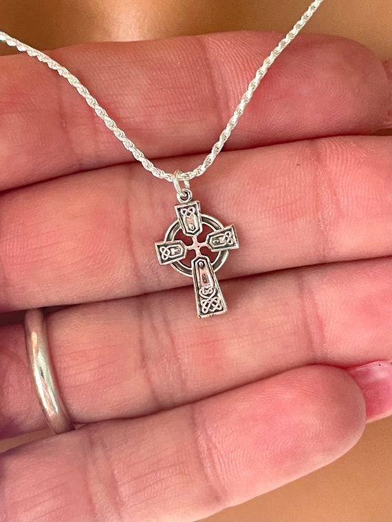 925 Sterling silver Celtic Cross charm necklace for women girls boys, rope chain, Irish jewelry, cross necklace gift for Mom Catholic Cross