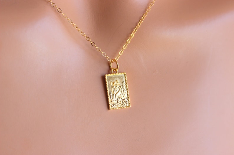 Gold St Christopher Necklace Ladies Rectangle Charm Girls Rosegold Sterling Silver Patron Medal Protection Catholic Jewelry Rectangle Gift