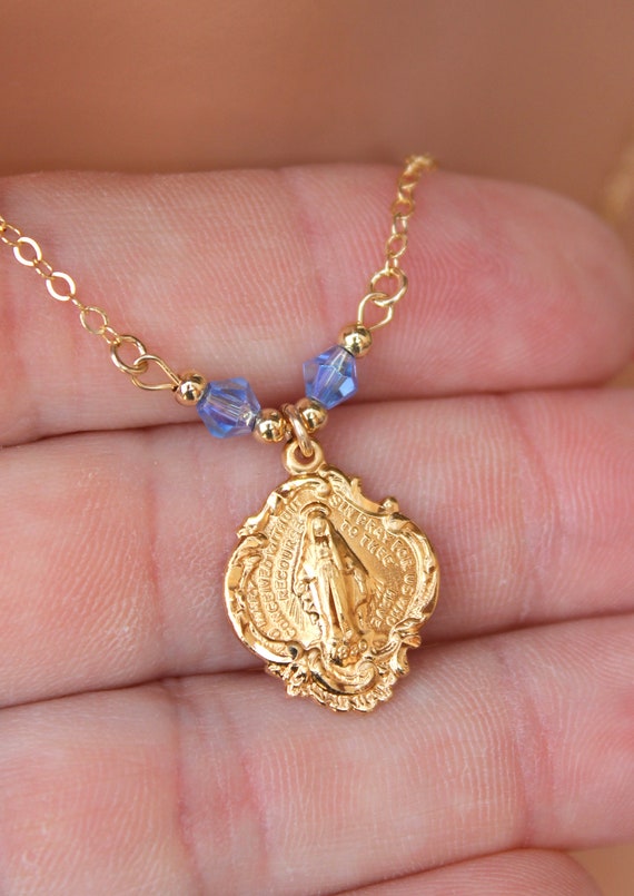 Gold Mary Charm Necklace Miraculous Medal Pendant Necklaces Sterling Silver Virgin Mary Charm Necklaces Blue Crystal Gift Women