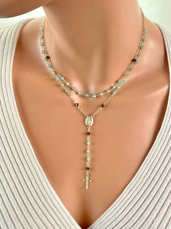 Gold Rosary Rosary Necklace Mary Miraculous Medal cross necklaces jewelry women Catholic rosaries Swarovski crystals gift 14k gold filled