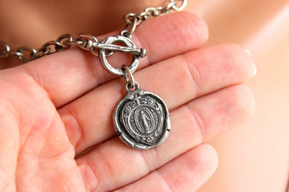 Antique Silver Thick Choker Necklace Women Oxidized Silver Steel Chain Necklaces Mother Mary Wax Seal Religious Jewelry Gift