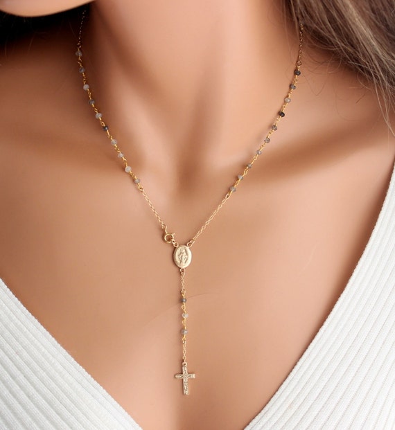 Rosary Necklace Rutiliated Quartz Stone 14kt Gold Filled Women Girls Catholic Christian Jewelry Confirmation Gift Mothers Day