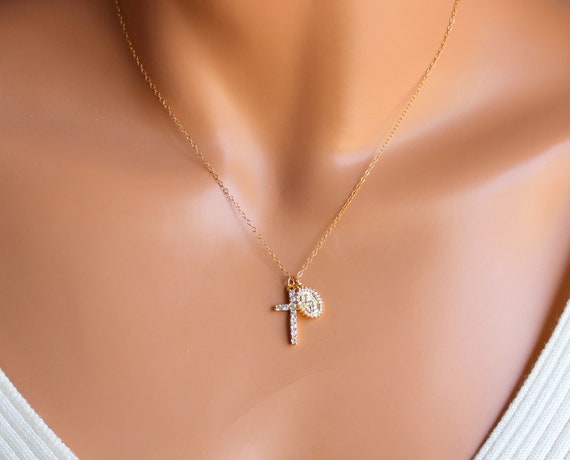 Gold Mother Mary Cross Charm Necklace Women Little Girls Patron Oval Double Crystal Pendant Protection Catholic Jewelry Rectangle Gift