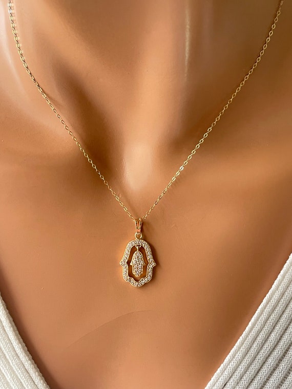 Gold hamsa charm necklace pave hand pendant necklaces cable chain, gold filled hamsa necklace, protection, jewelry, women, ladies, girls