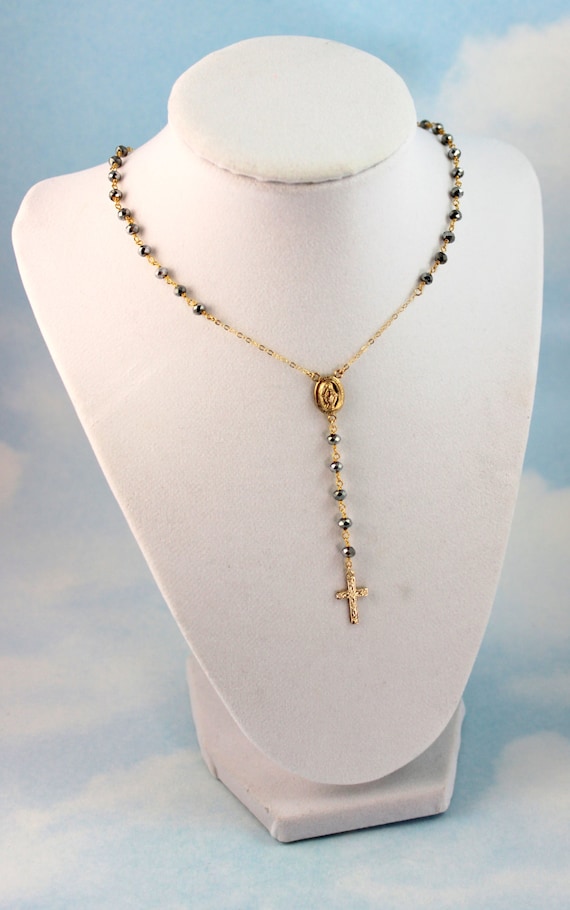 Gunmetal Crystal Rosary Necklace 14kt Gold Filled Miraculous Medal Custom Rosaries Religious Christian Jewelry