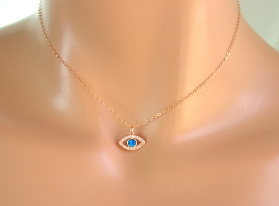 Blue Opal Evil Eye Necklace Rose Gold Silver Cute Small Little Charm Necklaces Jewelry Women Girls