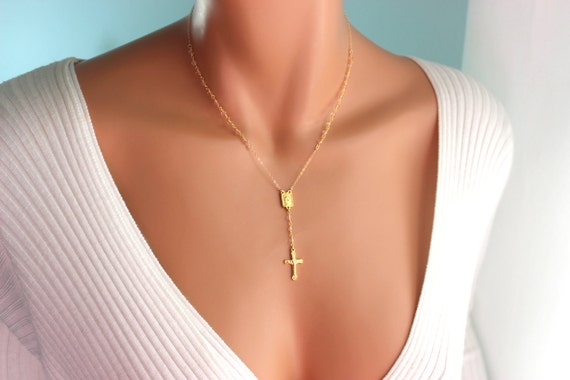 Rosary Necklace Gold Filled Crucifix Cross Necklaces Women Pink Morganite Crystal Catholic  Jewelry Religious Mothers Day Confirmation Gift