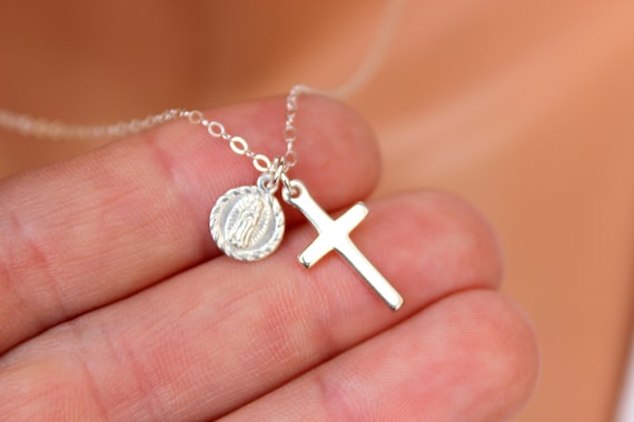 Guadalupe Charm Necklace 925 Sterling Silver Women Rose Gold Simple Cross Double Pendant Necklaces Catholic