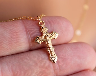 Ladies Gold Crucifix Cross Pendant Necklace Religious Catholic Sterling Silver Crucifix Necklaces Jewelry Women Girls Confirmation Gift