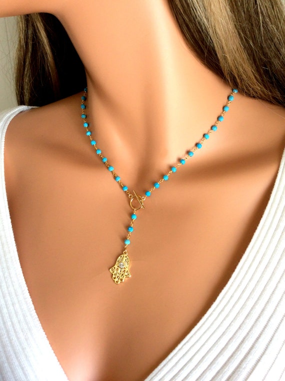 Gold Hamsa Necklace Rosary Style Lariat Necklaces Women Jewish Hand of Fatima Hamsa Charm Protection Jewelry Gift for girls ladies