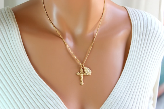 Unisex Gold Crucifix Cross Pendant Miraculous Medal Sterling Silver Double Pendant Necklaces Gold Men Women Unisex Superb Quality Jewelry