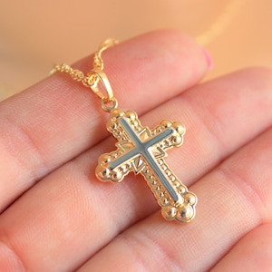 Sale Gold Cross Necklace Women Two Tone Cross Pendant Gold Filled Christian Catholic Jewelry Gift for mom, Rope Chain