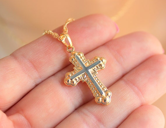 Sale Gold Cross Necklace Women Two Tone Cross Pendant Gold Filled Christian Catholic Jewelry Gift for mom, Rope Chain