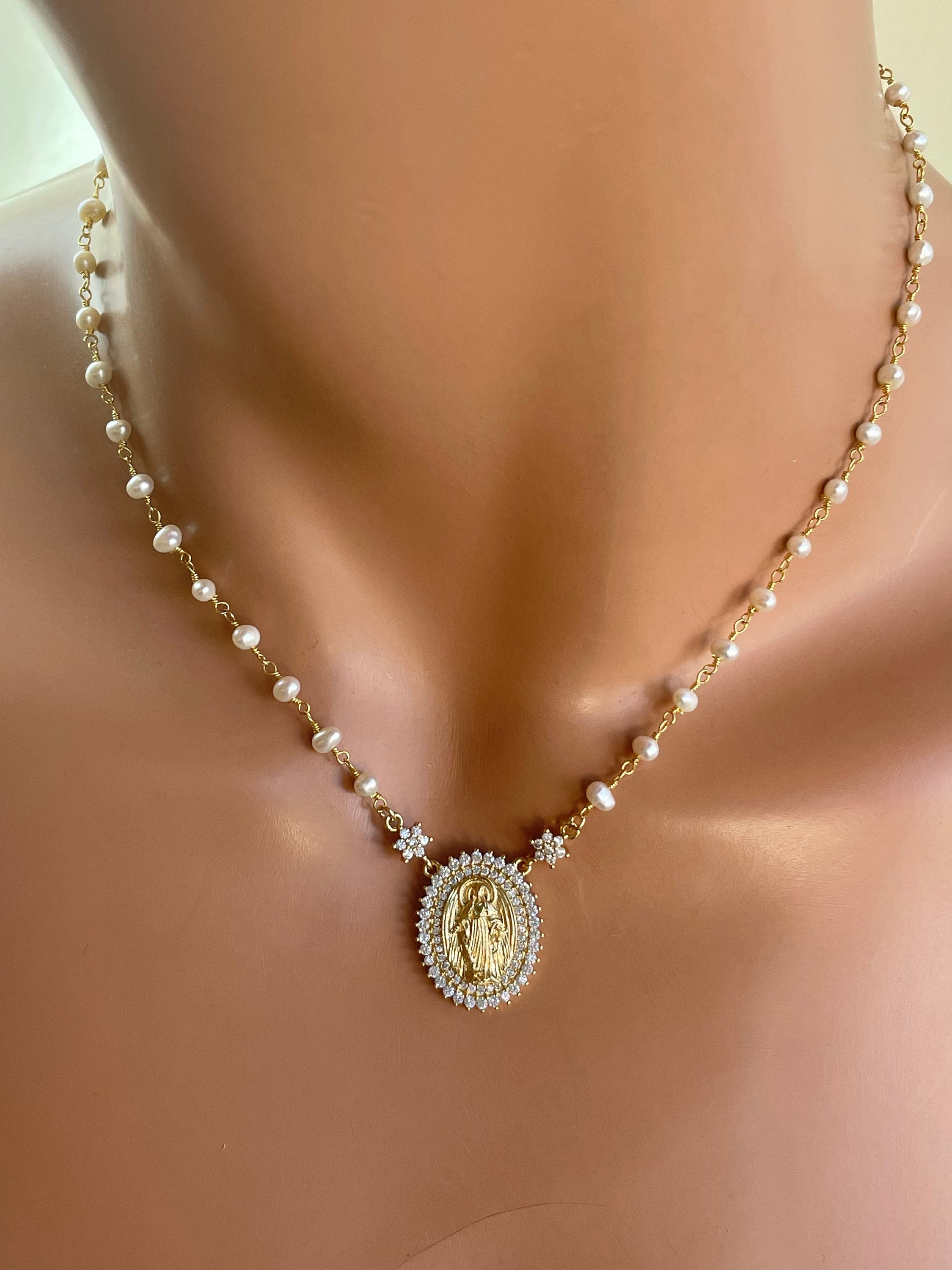 Gold Mary Miraculous Necklace Pearl Choker religious Women Catholic Jewelry bridal necklace