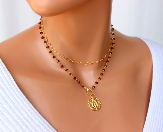 BEST SELLER Gold Virgin Mary Charm Necklace Women Garnet Choker Miraculous Mary Pendant Necklaces Catholic Faith Jewelry  Gift for Mom Wife