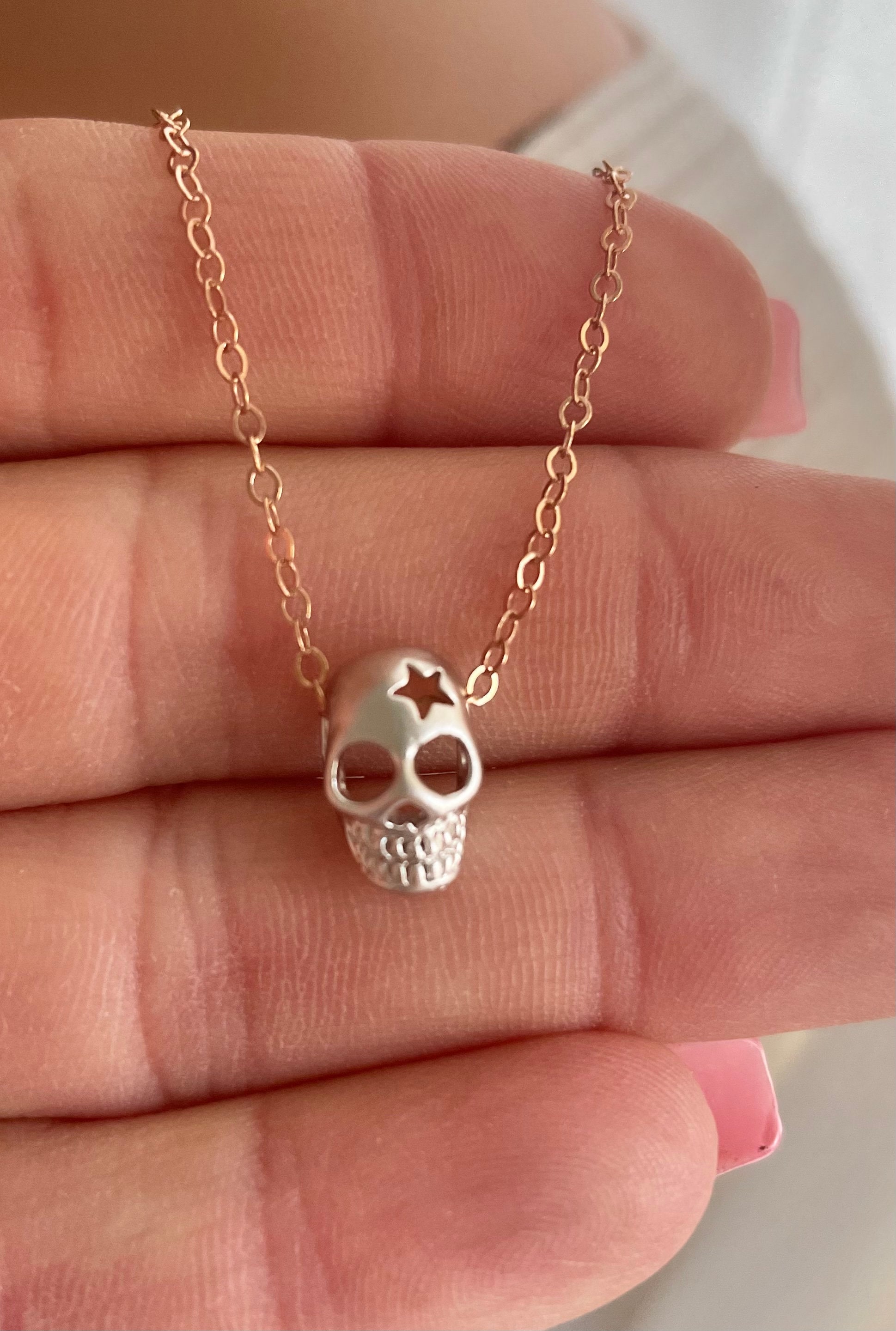 Dainty Skull Necklace Gold Filled Sterling Silver Small Gothic