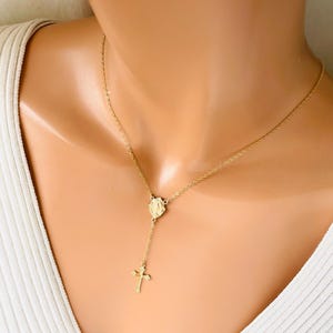 Gold Rosary Necklace Mary Miraculous Medal Cross Charm Necklaces Sterling Silver Women Religious Gift Catholic Unique Virgin Mary Jewelry