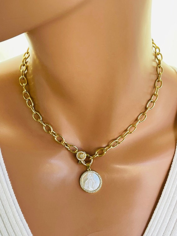 Gold miraculous pendant choker Virgin Mary mother of pearl charm necklace silver chain choker religious Catholic gift for mom