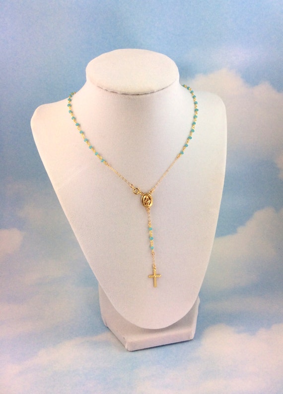 Aqua Chalcedony Gold Rosary Necklace Cross necklaces Women Catholic Confirmation Gift