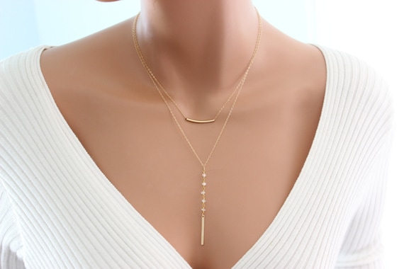 Gold Filled Double Layer Necklace Y Style Moonstone Gemstone Drop Bar Pendant Multi Strand Necklaces Minimalist Jewelry Women Gift for her