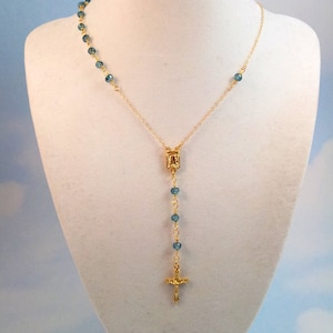 SALE Rosary Necklace London Blue Crystals Cross Gold Filled Womens Custom Rosaries Jewelry  Confirmation Gift Inspired Gift for her