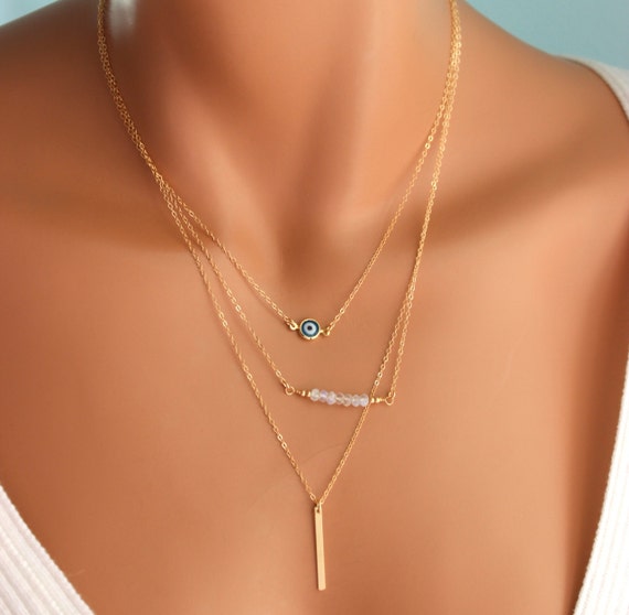 Evil Eye Necklace Multi Strand Layering Gold Filled Necklaces Rainbow Moonstone Hamsa Kabbalah Jewelry Gift
