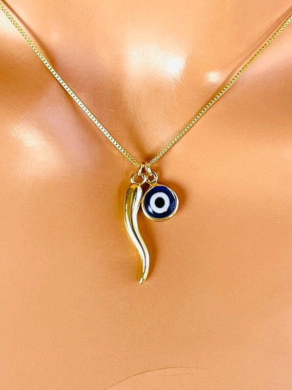 Gold horn evil eyes charm necklace blue eye gold filled horn double charm necklace BOX Chain protection necklaces evil eye pendant necklaces