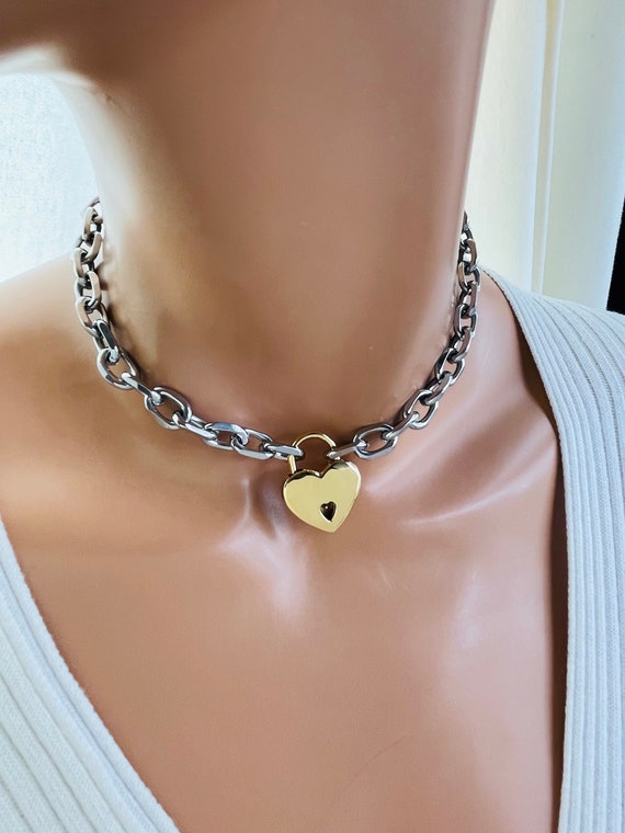 Two tone thick stainless steel Choker Chain Heart Pad Lock Necklace Women Chunky Silver Chain Necklaces Jewelry Gift Heart Pendant Necklace