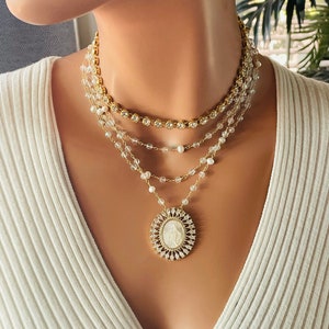 Gold miraculous Mary pendant necklace 14K gold filled multi strand necklaces white topaz pearl necklace necklaces gifts elegant catholic