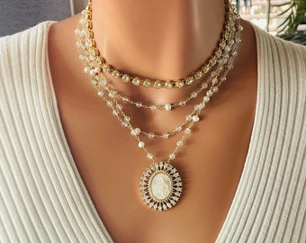 Gold miraculous Mary pendant necklace 14K gold filled multi strand necklace white topaz pearl necklace necklaces gift READ DESCRIPTION