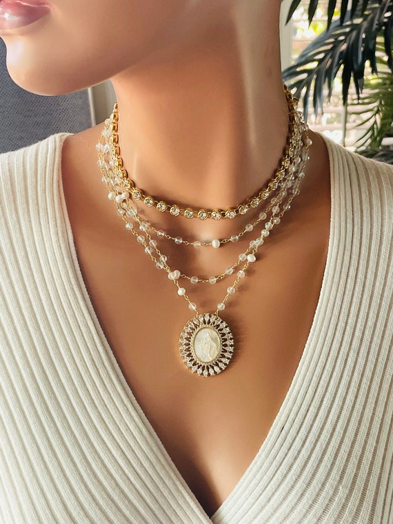 Gold miraculous Mary pendant necklace 14K gold filled multi strand necklace white topaz pearl necklace necklaces gift READ DESCRIPTION
