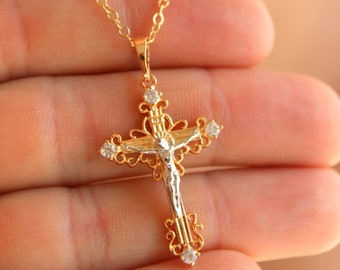 Gold Crucifix Cross Necklace  Cross Choker Catholic Jewelry Gold Filled Cross Pendant Necklaces Women