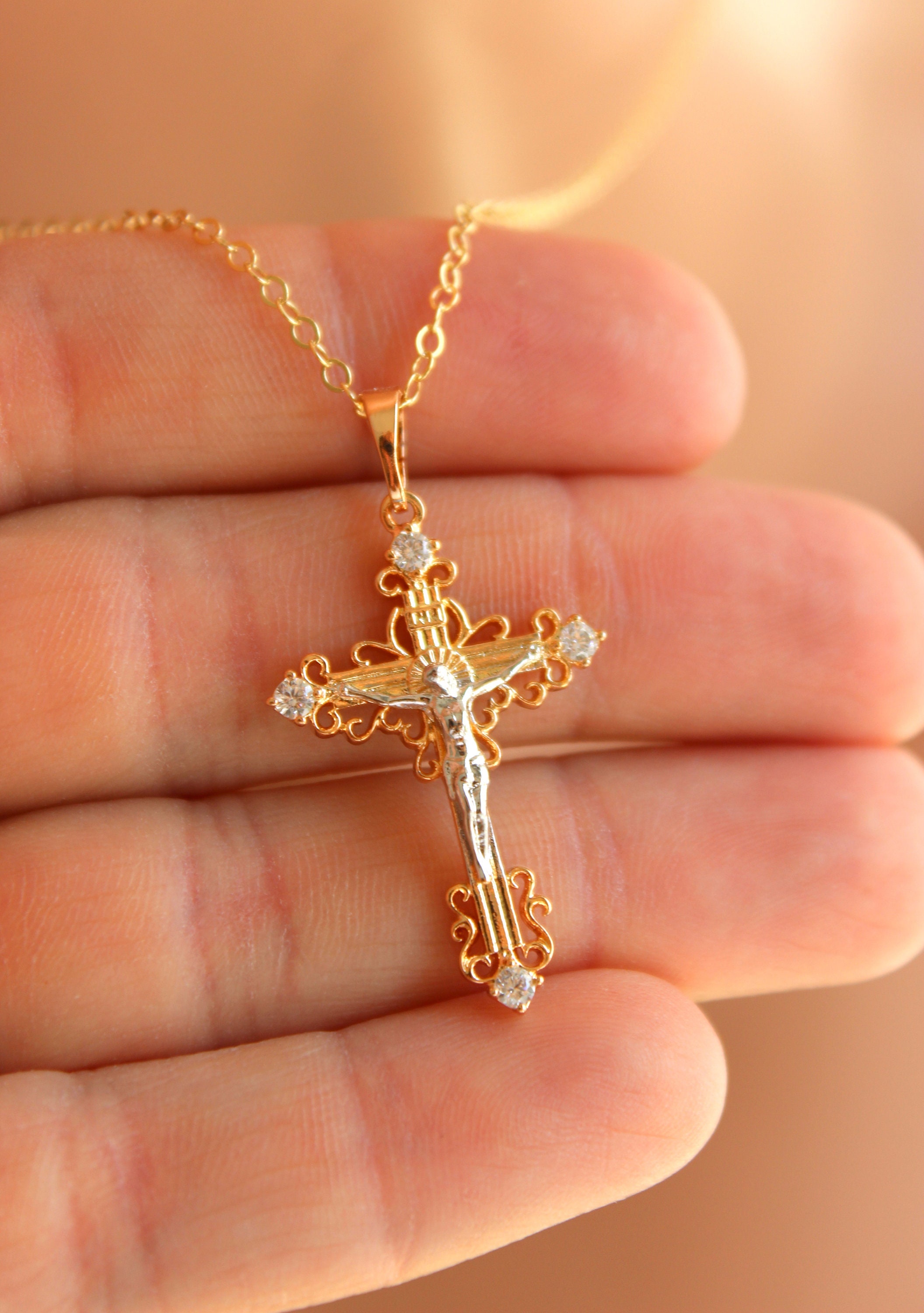 Gold Crucifix Cross Necklace Cross Choker Catholic Jewelry Gold