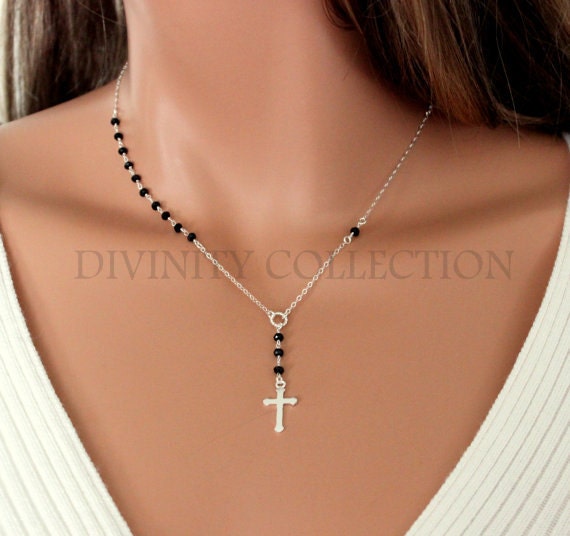 BEST SELLER Rosary Necklace Sterling Silver Black Crystals Y Style Unique Lariat Womens Cross Necklaces for women gift for mom, black rosary