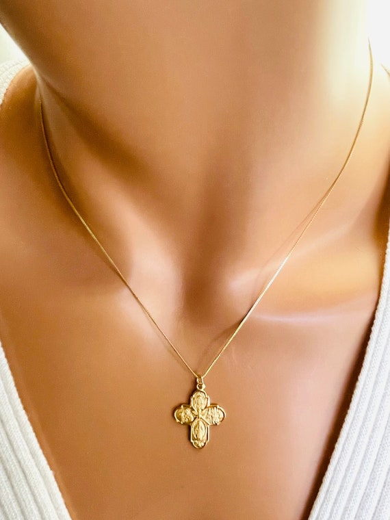 Gold Four Way Cross Necklace Women Sterling Silver Fourway Cross Charm Neckalce Sacred Heart Cross Cruciform Religious Catholic Box Chain