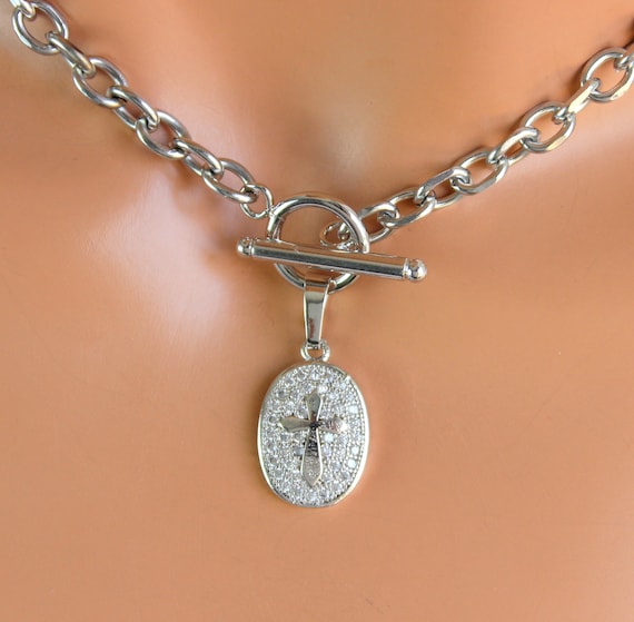 Silver Chunky Choker Necklace White Gold Filled Thick Choker CZ Pave Cross Gold Choker Necklaces Women Girls Unique Edgy Gift