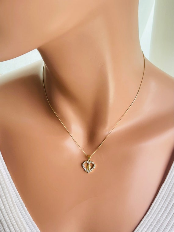 Dainty 14k gold filled our lady of Guadalupe charm necklace, women girls, box chain heart  harm Mary pendant necklaces small tiny Mary charm