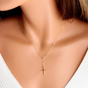 Rose Gold Filled Cross Necklace Infinity Symbol Delicate Jewelry Lariat Y Necklaces Womens Girls Confirmation Simple Gift for her