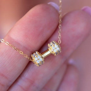 Gold Dumbbell Charm Necklace CZ Barbell Necklace Sterling Silver Rose Gold Bodybuilding Gift Women Jewelry