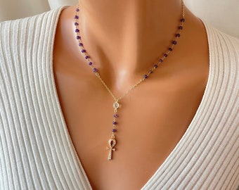 Ankh Pendant Necklace Women Gold Filled Purple amethyst Ankh Charm Necklaces Egyptian cross gift for her lariat necklace CZ Ank