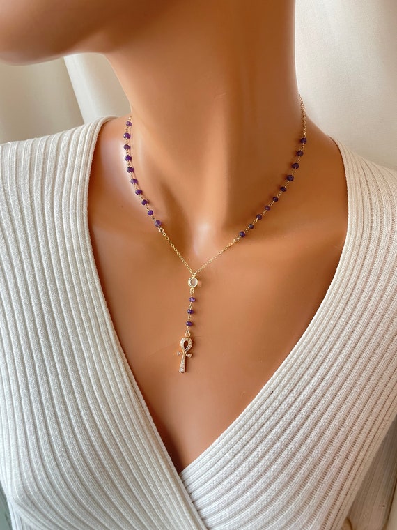 Ankh Pendant Necklace Women Gold Filled Purple amethyst Ankh Charm Necklaces Egyptian cross gift for her lariat necklace CZ Ank