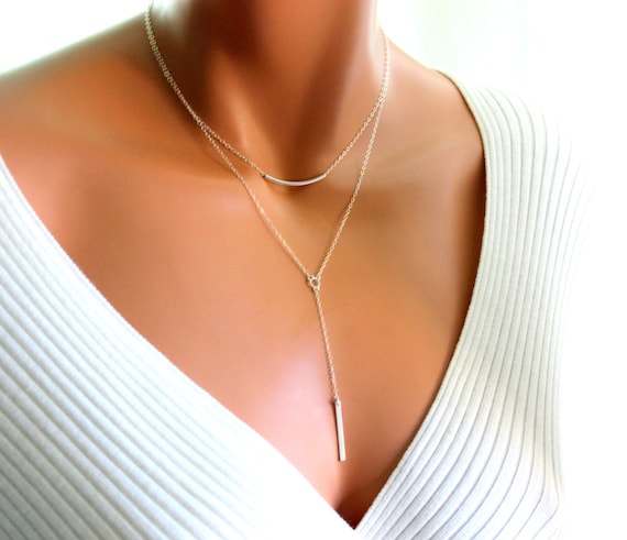 BEST SELLER Multi Strand layer Necklace Sterling Silver Bar Y Style Minimlaist Jewelry Simple Delicate Lariat Necklaces Two Tone Women Gift