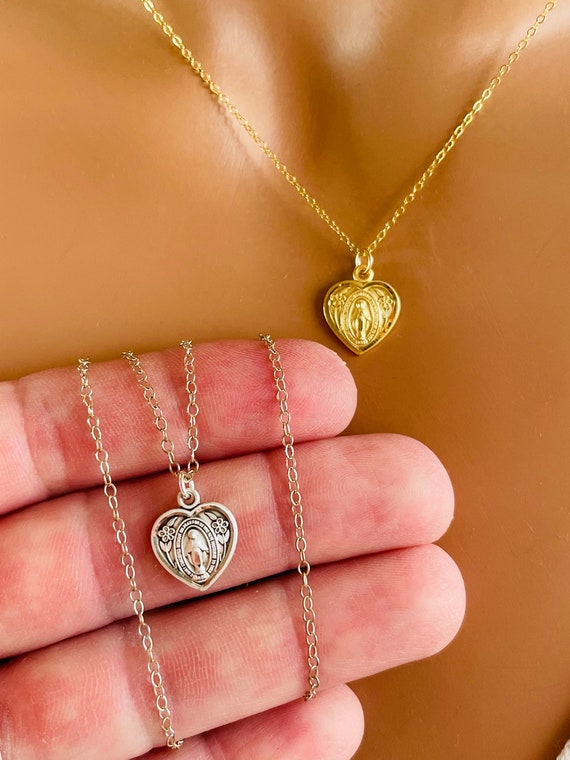 Mother Mary miraculous charm necklace little girls women ladies heart necklaces Mary necklaces sterling silver gold first communion gift