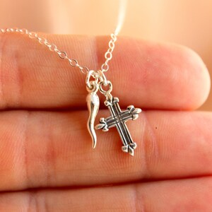Sterling Silver Italian Horn Necklace Gold Horn Charm Small Cross Dainty Cornetto Cornicello Charm Fine Jewelry 14k Gold Filled Italian