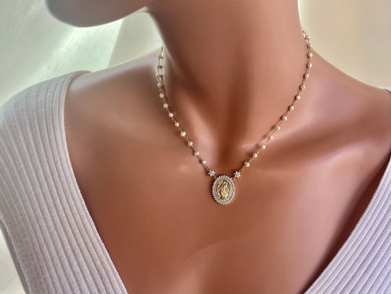 Gold Mary Miraculous Necklace Pearl necklace Choker Gold filled religious  Women Catholic Jewelry bridal necklace virgin Mary gift