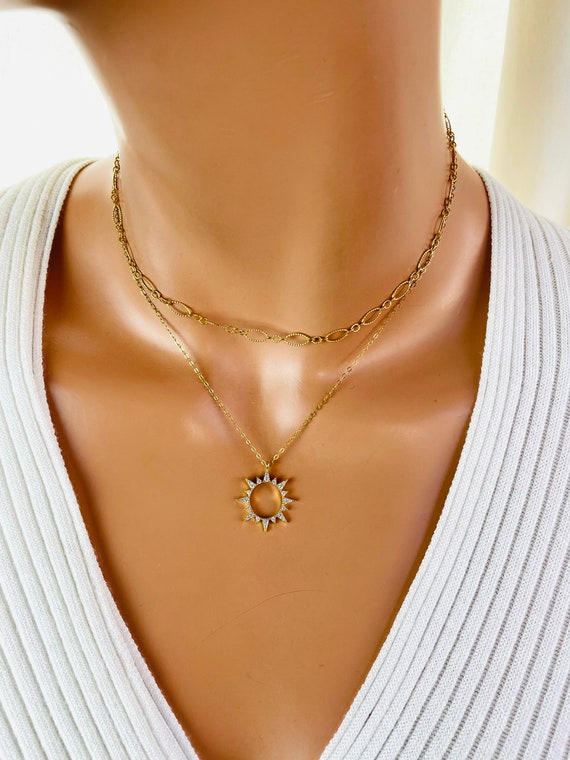 Gold sun charm necklace 14k gold filled Sunburst pendant necklaces CZ gold jewelry gift READ DESCRIPTION