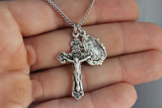 BEST SELLER Mens Sterling Silver Crucifix Cross Miraculous Medal 925 Double Pendant Necklaces Gold Men Women Unisex Superb Quality Jewelry