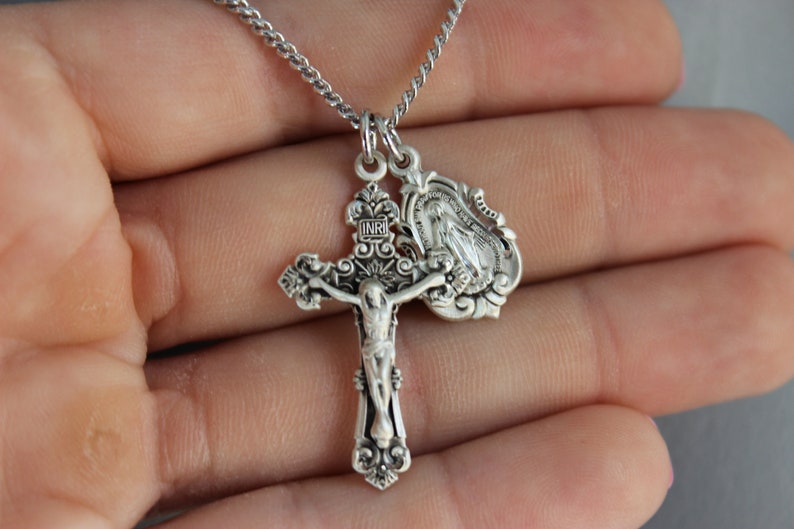 BEST SELLER Sterling Silver Crucifix Cross Pendant Miraculous Medal Double Pendant Necklaces Gold Men Women Unisex Superb Quality Jewelry